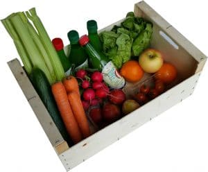 Box containing Carrots, Salad, Fruit and Apple Juice