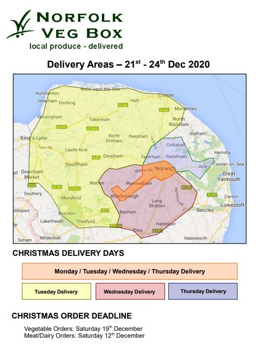 Plan of Norfolk Veg Box's deliveries in the week leading up to Christmas 2020