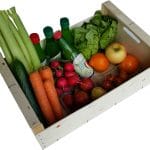 Box containing Carrots, Salad, Fruit and Apple Juice